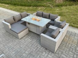 Rackhams Light Grey Rattan Garden Furniture Set Gas Fire Pit Dining Table Heater Burner Lounge Sofa Set Chairs Footstool - thumbnail 2