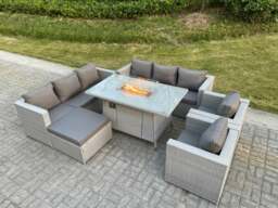 Rackhams Light Grey Rattan Garden Furniture Set Gas Fire Pit Dining Table Heater Burner Lounge Sofa Set Chairs Footstool - thumbnail 3