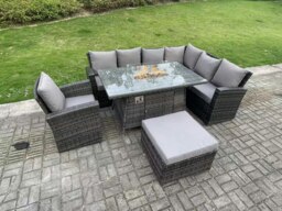 Rackhams 8 Seater?Outdoor Rattan Gas Fire Pit Sofa Dining Set Garden Furniture Heater Dining Table Chair Dark Grey Mixed Right Side - thumbnail 1