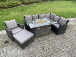 Rackhams 8 Seater?Outdoor Rattan Gas Fire Pit Sofa Dining Set Garden Furniture Heater Dining Table Chair Dark Grey Mixed Right Side - thumbnail 2