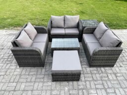 Rackhams 7-Seater Outdoor Rattan Garden Furniture Set - Dark Grey Mixed Wicker Sofa with Rectangular Coffee Table & Big Footstool - thumbnail 1