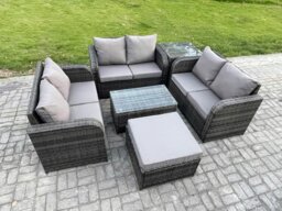 Rackhams 7-Seater Outdoor Rattan Garden Furniture Set - Dark Grey Mixed Wicker Sofa with Rectangular Coffee Table & Big Footstool - thumbnail 2