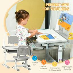 Rackhams Kids Study Desk and Chair Set w/ Adjustable Height, Storage, Drawer, Grey - thumbnail 4