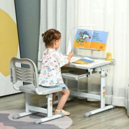 Rackhams Kids Study Desk and Chair Set w/ Adjustable Height, Storage, Drawer, Grey - thumbnail 2