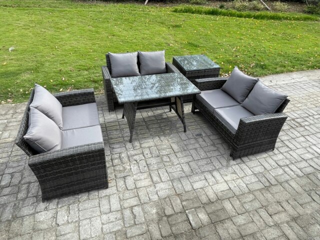 Rackhams 6 Seater Rattan Wicker Garden Furniture Patio Conservatory Sofa Set with Rectangular Dining Table Love Seat Sofa Side Table - image 1