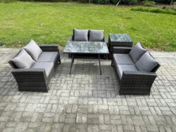 Rackhams 6 Seater Rattan Wicker Garden Furniture Patio Conservatory Sofa Set with Rectangular Dining Table Love Seat Sofa Side Table - thumbnail 2