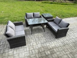 Rackhams 6 Seater Rattan Wicker Garden Furniture Patio Conservatory Sofa Set with Rectangular Dining Table Love Seat Sofa Side Table - thumbnail 1