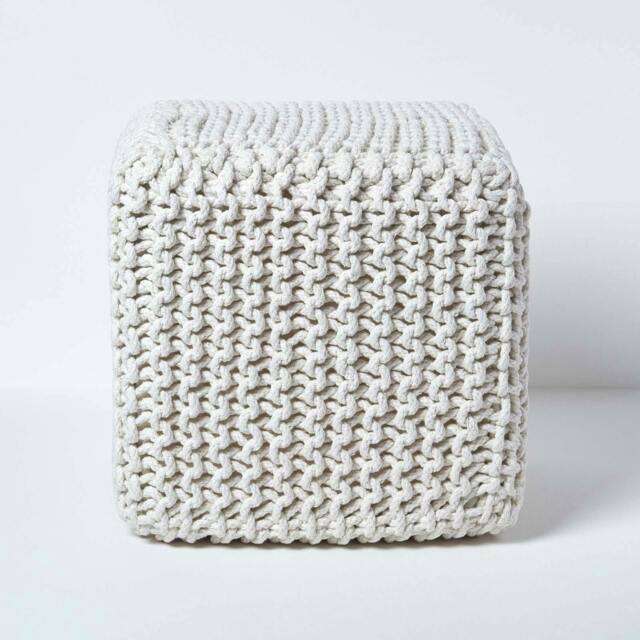 Rackhams Cube Cotton Knitted Pouffe Footstool Bean Filled Hand Knitted - Natural - image 1