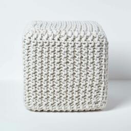 Rackhams Cube Cotton Knitted Pouffe Footstool Bean Filled Hand Knitted - Natural