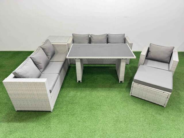 Rackhams Patio Garden Furniture Sets with Black Glass Top Dining Table 3 Seater Sofa Armchair Side Table Big Stool Light Grey - image 1