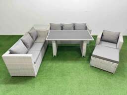 Rackhams Patio Garden Furniture Sets with Black Glass Top Dining Table 3 Seater Sofa Armchair Side Table Big Stool Light Grey