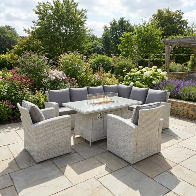 Rackhams 7 Seater Rattan Corner Sofa Set with Gas Fire Pit Dining Table & 2 Chairs - Light Grey - image 1