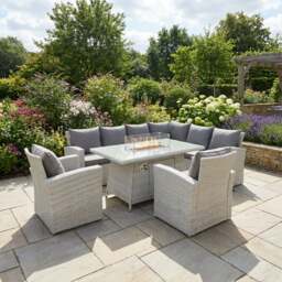 Rackhams 7 Seater Rattan Corner Sofa Set with Gas Fire Pit Dining Table & 2 Chairs - Light Grey - thumbnail 1