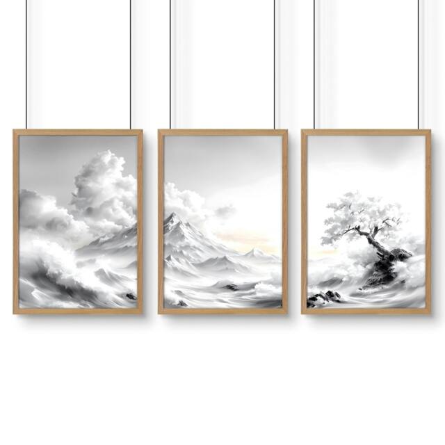 Rackhams Modern Living Room Wall Decor - Set of 3 Asian Inspired Wall art Prints - A2 16.54 x 23.39 in / 42 x 59.4 cm - Matte Museum Quality Art Paper 290 gsm - Oak Frame - image 1