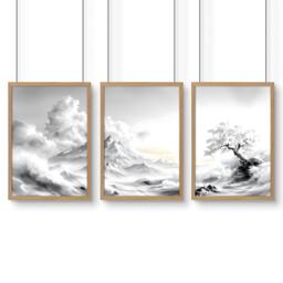 Rackhams Modern Living Room Wall Decor - Set of 3 Asian Inspired Wall art Prints - A2 16.54 x 23.39 in / 42 x 59.4 cm - Matte Museum Quality Art Paper 290 gsm - Oak Frame - thumbnail 1