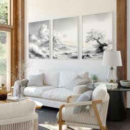 Rackhams Modern Living Room Wall Decor - Set of 3 Asian Inspired Wall art Prints - A2 16.54 x 23.39 in / 42 x 59.4 cm - Matte Museum Quality Art Paper 290 gsm - Oak Frame - thumbnail 4