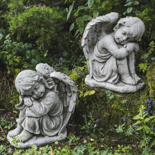 Rackhams Pair of Resting Angels Stone Garden Ornaments - image 1