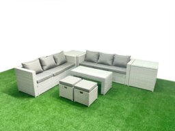 Rackhams 8 Seater Garden Outdoor Rattan Furniture Set Rattan Garden Sofa Oblong Coffee Table with 2 Small Footstool 2 Side Tables Light Grey Mixed - thumbnail 2