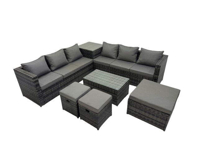 Rackhams 9 Seater Garden Outdoor Rattan Furniture Set Patio Corner Sofa Rectangular Coffee Table with Side Table 3 Stool Dark Grey - image 1