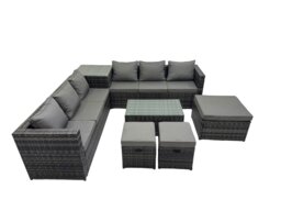 Rackhams 9 Seater Garden Outdoor Rattan Furniture Set Patio Corner Sofa Rectangular Coffee Table with Side Table 3 Stool Dark Grey - thumbnail 2