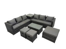 Rackhams 9 Seater Garden Outdoor Rattan Furniture Set Patio Corner Sofa Rectangular Coffee Table with Side Table 3 Stool Dark Grey - thumbnail 1