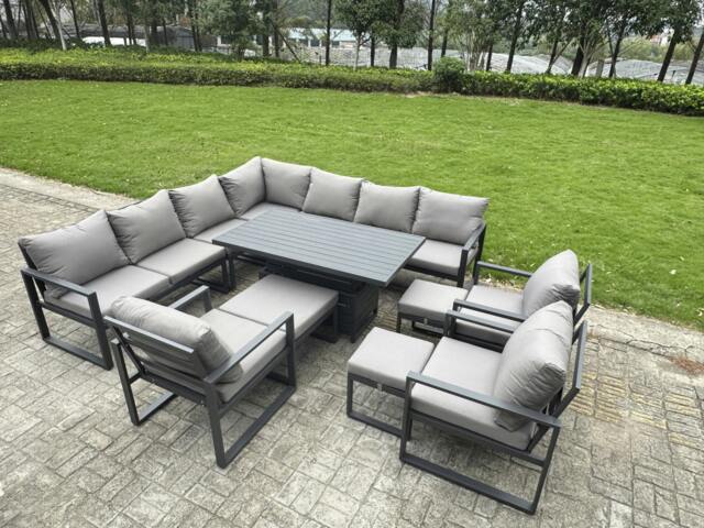 Rackhams L-shaped 13-Seater Garden Furniture Aluminium Outdoor Dining Set with Adjustable Rising Lifting Dining Table 3 Footstools 3 Chairs Dark Grey - image 1
