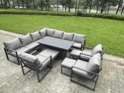 Rackhams L-shaped 13-Seater Garden Furniture Aluminium Outdoor Dining Set with Adjustable Rising Lifting Dining Table 3 Footstools 3 Chairs Dark Grey - thumbnail 1