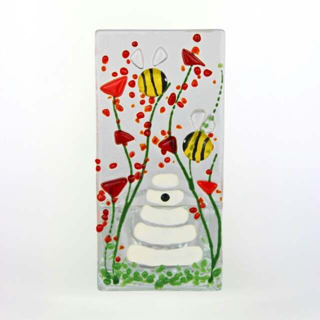 Rackhams Fused Glass Tea Light Holder – Bumble Bee & Poppy Design (Handmade)