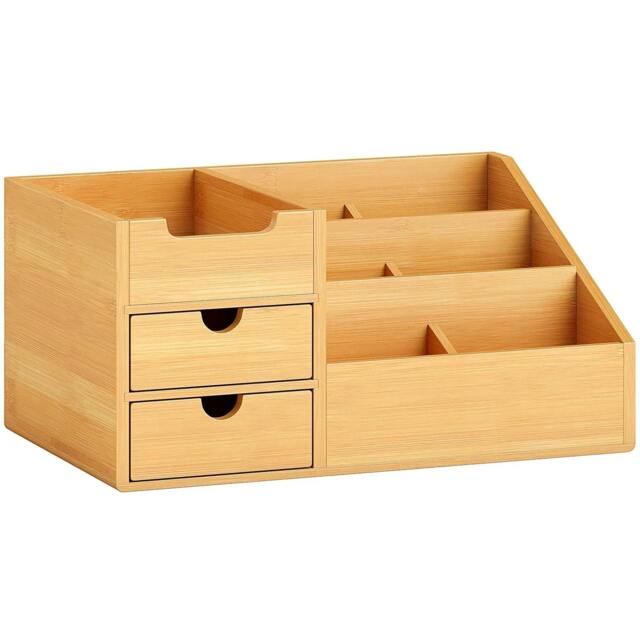 Rackhams Desk Organiser Holder, Bamboo Multi-Function Storage Caddy with 7 Storage Compartments and 2 Drawers, Natural Bamboo - image 1