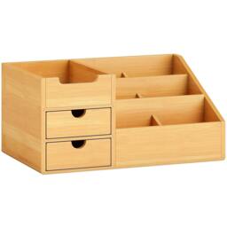 Rackhams Desk Organiser Holder, Bamboo Multi-Function Storage Caddy with 7 Storage Compartments and 2 Drawers, Natural Bamboo - thumbnail 1