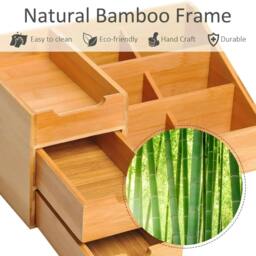 Rackhams Desk Organiser Holder, Bamboo Multi-Function Storage Caddy with 7 Storage Compartments and 2 Drawers, Natural Bamboo - thumbnail 5