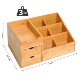 Rackhams Desk Organiser Holder, Bamboo Multi-Function Storage Caddy with 7 Storage Compartments and 2 Drawers, Natural Bamboo - thumbnail 3