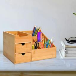 Rackhams Desk Organiser Holder, Bamboo Multi-Function Storage Caddy with 7 Storage Compartments and 2 Drawers, Natural Bamboo - thumbnail 2