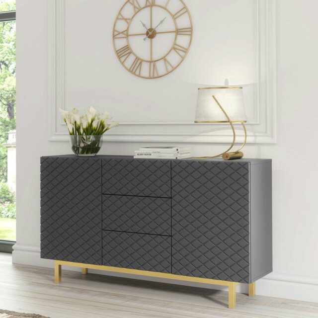 Rackhams Grey Matt Sideboard 140cm Diamond Pattern with Gold Legs - 140 cm - MDF/Chipboard - 1 - image 1