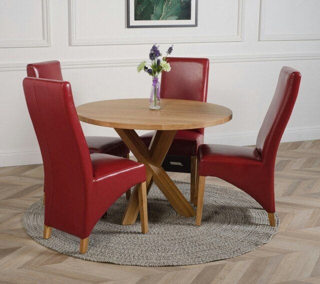 Rackhams Oregon Round Oak Dining Table with Lola Leather Chairs - 1 - 4 chairs - Burgundy - image 1