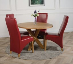 Rackhams Oregon Round Oak Dining Table with Lola Leather Chairs - 1 - 4 chairs - Burgundy - thumbnail 1