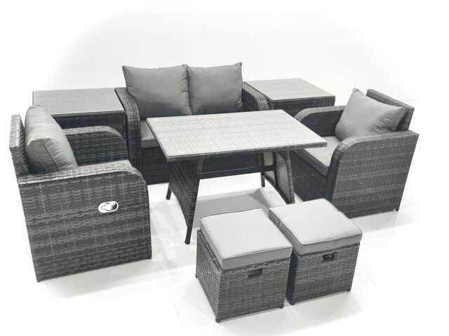 Rackhams Outdoor Garden Furniture Set Rattan Sofa Dining Table Set with Reclining Chair 2 Small Footstool 2 Side Table Dark Grey Mixed - image 1