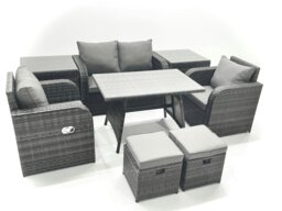 Rackhams Outdoor Garden Furniture Set Rattan Sofa Dining Table Set with Reclining Chair 2 Small Footstool 2 Side Table Dark Grey Mixed - thumbnail 1