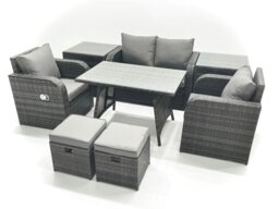 Rackhams Outdoor Garden Furniture Set Rattan Sofa Dining Table Set with Reclining Chair 2 Small Footstool 2 Side Table Dark Grey Mixed - thumbnail 2
