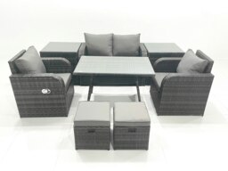 Rackhams Outdoor Garden Furniture Set Rattan Sofa Dining Table Set with Reclining Chair 2 Small Footstool 2 Side Table Dark Grey Mixed - thumbnail 3