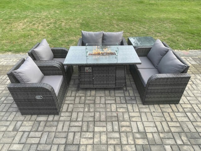 Rackhams 6 Seater Rattan Garden Furniture Set Propane Gas Fire Pit Table and Sofa Chair set with Side Table - image 1
