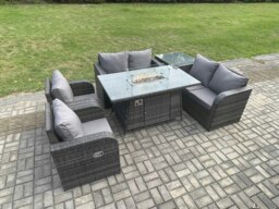 Rackhams 6 Seater Rattan Garden Furniture Set Propane Gas Fire Pit Table and Sofa Chair set with Side Table - thumbnail 2