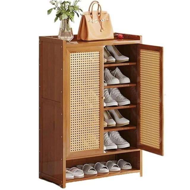 Rackhams Shoe Cabinet Storage Cupboard Footwear Stand Rack Wooden Double Rattan Doors - Brown - Bamboo - image 1