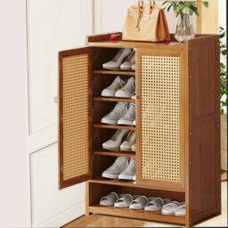 Rackhams Shoe Cabinet Storage Cupboard Footwear Stand Rack Wooden Double Rattan Doors - Brown - Bamboo - thumbnail 6