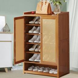 Rackhams Shoe Cabinet Storage Cupboard Footwear Stand Rack Wooden Double Rattan Doors - Brown - Bamboo - thumbnail 2