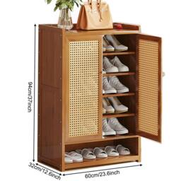 Rackhams Shoe Cabinet Storage Cupboard Footwear Stand Rack Wooden Double Rattan Doors - Brown - Bamboo - thumbnail 3