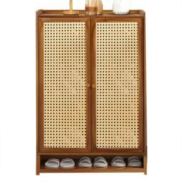 Rackhams Shoe Cabinet Storage Cupboard Footwear Stand Rack Wooden Double Rattan Doors - Brown - Bamboo - thumbnail 4