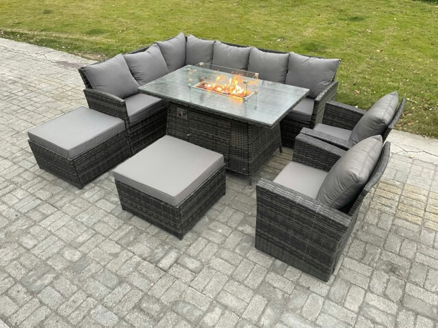 Rackhams 10-Seater Rattan Corner Sofa Dining Set - Outdoor Gas Fire Pit Table & Heater, 2 Armchairs, 2 Footstools - Dark Grey - image 1