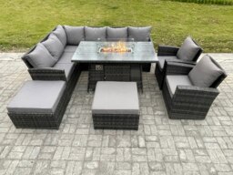 Rackhams 10-Seater Rattan Corner Sofa Dining Set - Outdoor Gas Fire Pit Table & Heater, 2 Armchairs, 2 Footstools - Dark Grey - thumbnail 2