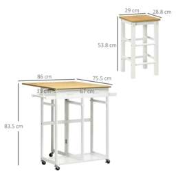 Rackhams Kitchen Island Set with 2 Stools, Bamboo Breakfast Cart with Drop Leaf Top, Drawers and Towel Rack, Rolling Kitchen Cart and Chairs Set, White - thumbnail 3